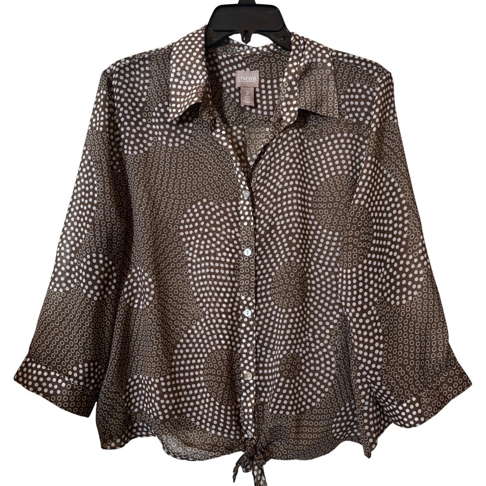 Chico's Women's Top Sz 2‎ Large Sheer Swirl Polka Dot Tie Front Brown
